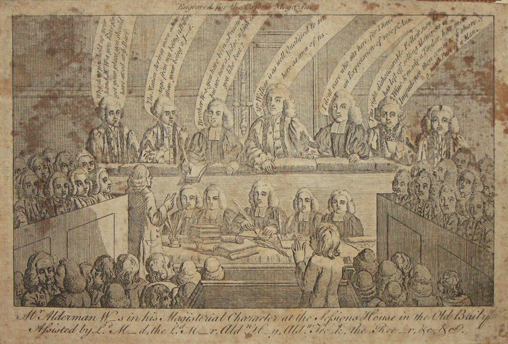 Print - Mr Alderman W-s in his Magesterial Character at the Sessions House in the Old Baily Assisted by Ld. M-d, the Ld. M-r, Aldn. H-y, Aldn. Fre-k, the Rec-r, &c, &c.